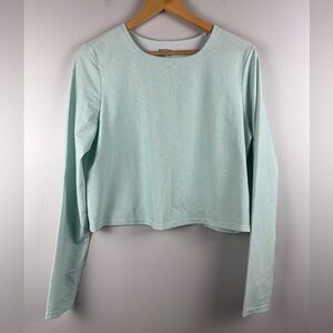 Mott50 blue cream leaf print long sleeve crop swim shirt size xl Upf 50+